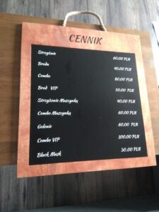 Reklama fizyczna - cennik dla salonu fryzjerskiego wykonany na zamówienie